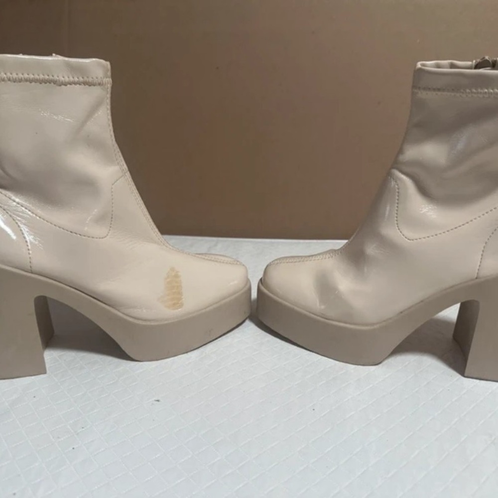 Boots Cream Platform Ankle Boots with Block Heel